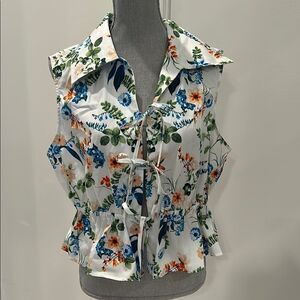 Marc New York Blue and Orange Sleeveless Blouse with Tie Front
